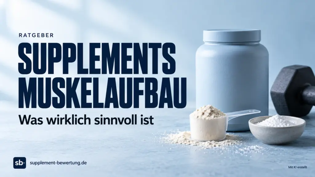 Supplements für Muskelaufbau: blaues Ratgeber-Titelbild mit neutraler Pulverdose, Messlöffel, Kreatinpulver und Kurzhantel