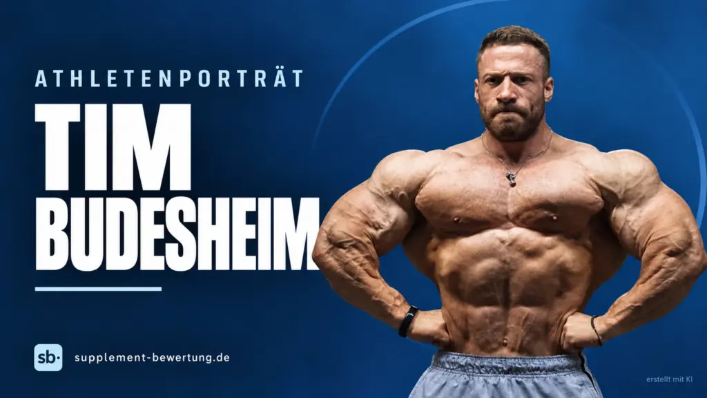 Tim Budesheim in einer Bodybuilding-Pose vor blauem Hintergrund, mit seinem Namen im Athletenporträt