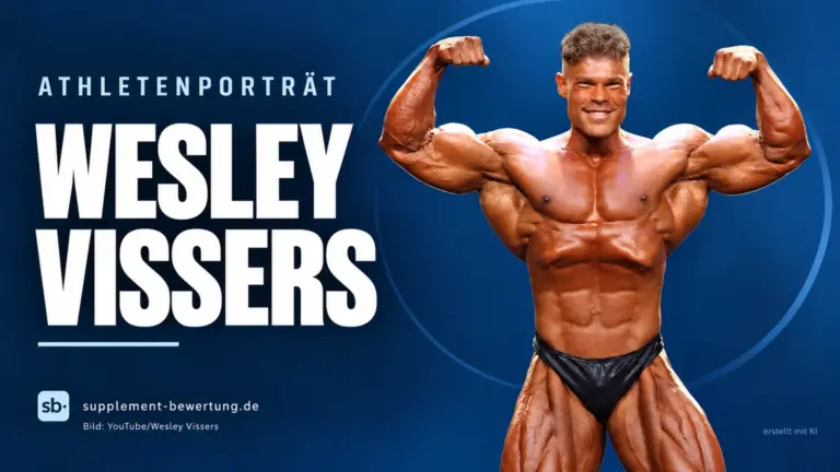 Wesley Vissers in der Front-Doppelbizeps-Pose vor blauem Hintergrund