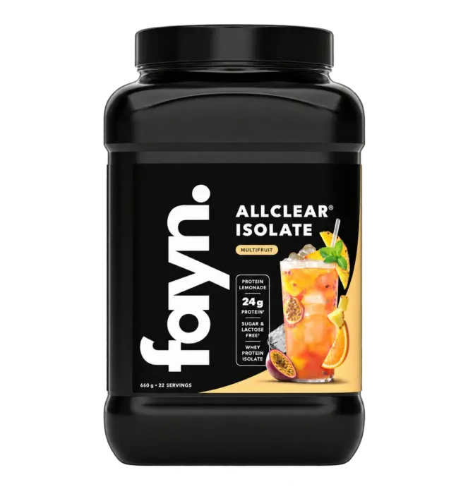Freigestellte aktuelle Herstellerdose FAYN ALLCLEAR Isolate Multifruit mit 660 g