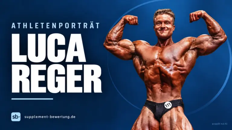 Luca Reger in einer Classic-Physique-Pose vor blauem Hintergrund, mit seinem Namen im Athletenporträt