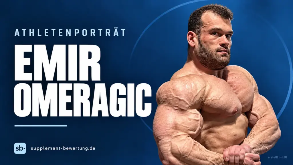 Emir Omeragic in einer Bodybuilding-Pose vor blauem Hintergrund, mit seinem Namen im Athletenporträt