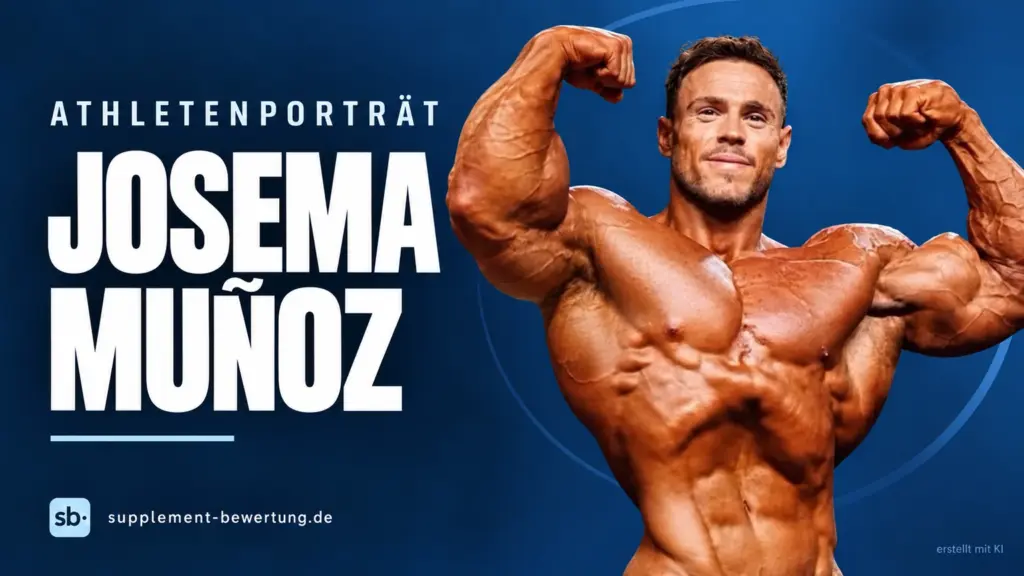 Josema Muñoz in einer Doppelbizeps-Pose vor blauem Hintergrund mit seinem Namen