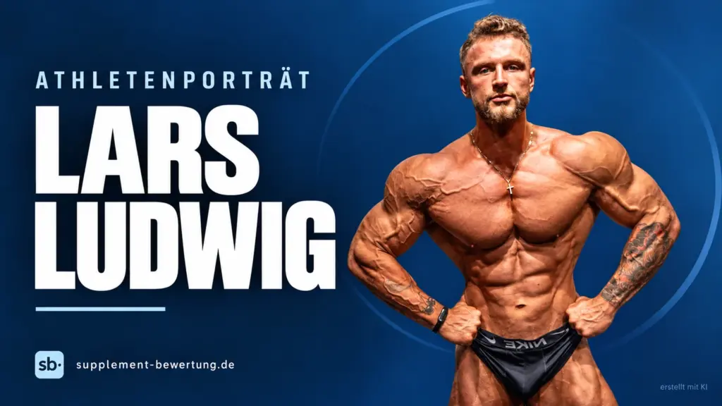 Lars Ludwig in einer Classic-Physique-Pose vor blauem Hintergrund, mit seinem Namen im Athletenporträt