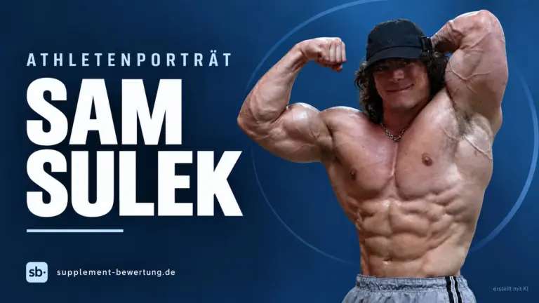 Sam Sulek mit schwarzer Kappe in einer Bodybuilding-Pose vor blauem Hintergrund.