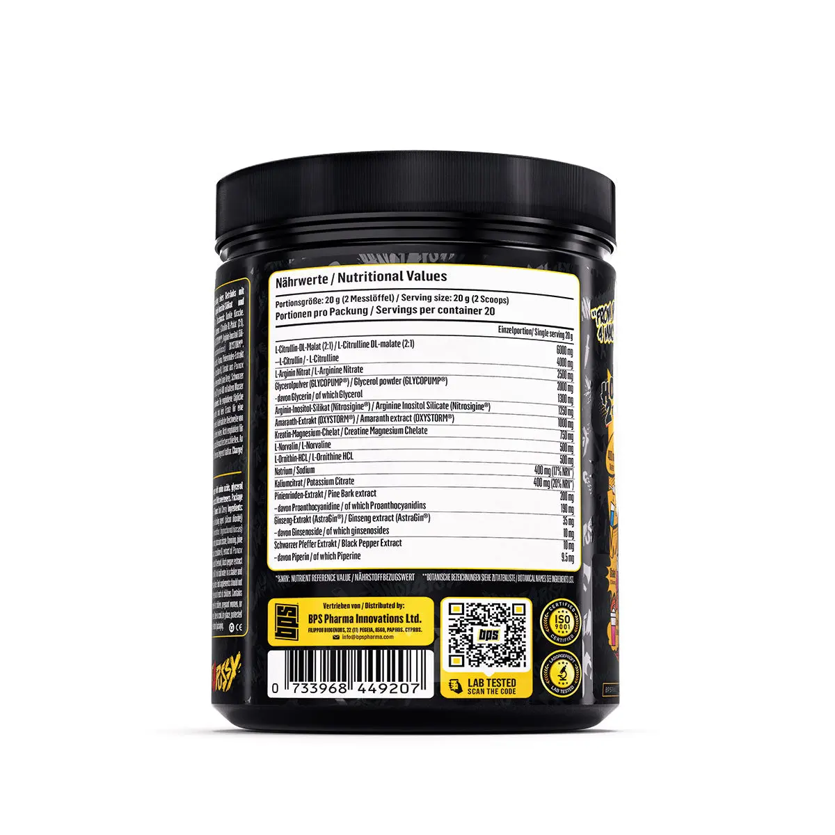 Rücketikett von BPS Pharma Iron Pump mit 20 g pro Portion, zwei Messlöffeln und den Inhaltsstoffmengen