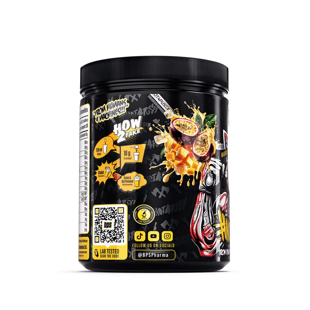 Seitliche Mischgrafik von BPS Pharma Iron Pump Mango-Passion Fruit mit abweichender Angabe von 18 g und einem Messlöffel