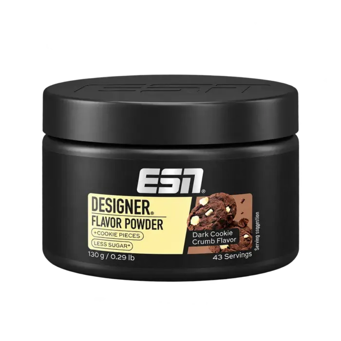 Freigestellte aktuelle 130-g-Dose ESN Designer Flavour Powder Dark Cookie Crumb