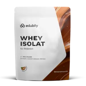 Freigestellter edubily Weide Whey Protein Isolat Beutel in Kakao mit 750 g