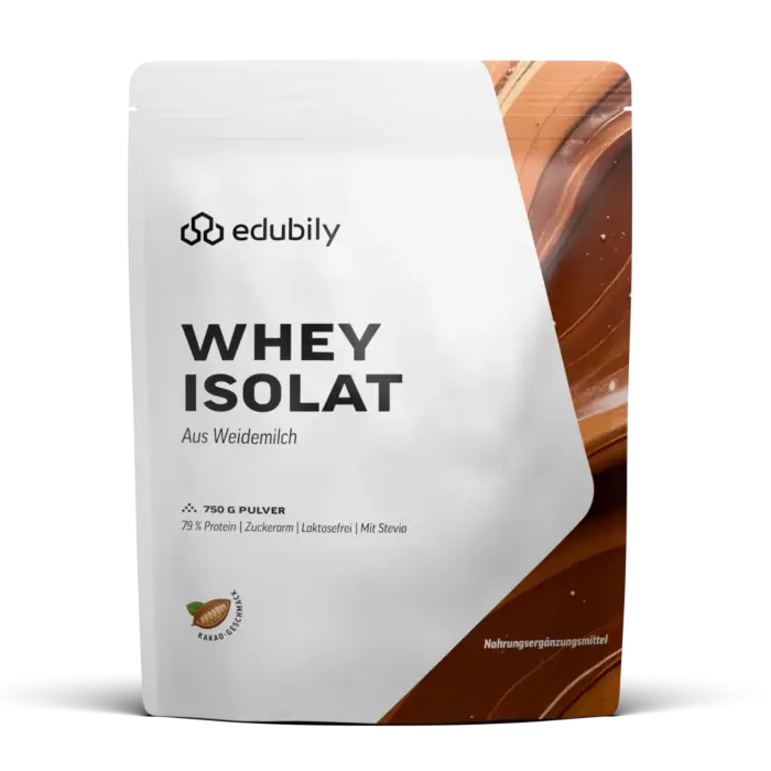 Freigestellter edubily Weide Whey Protein Isolat Beutel in Kakao mit 750 g