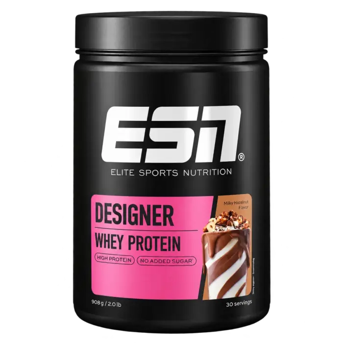 Aktuelle ESN Designer Whey Milky Hazelnut Dose mit 908 g, freigestellt