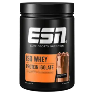 Freigestellte ESN Iso Whey Protein Isolat Dose in Milk Chocolate mit 908 g