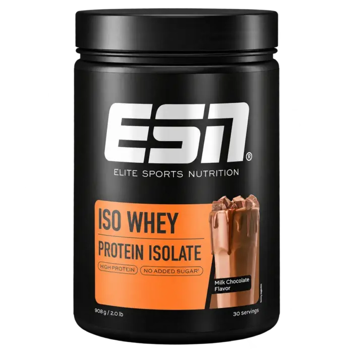 Freigestellte ESN Iso Whey Protein Isolat Dose in Milk Chocolate mit 908 g