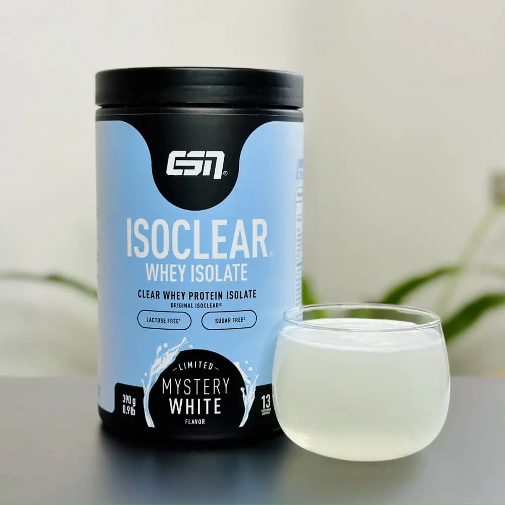 Unser Produktfoto von ESN Isoclear Mystery White mit hellem Getränk