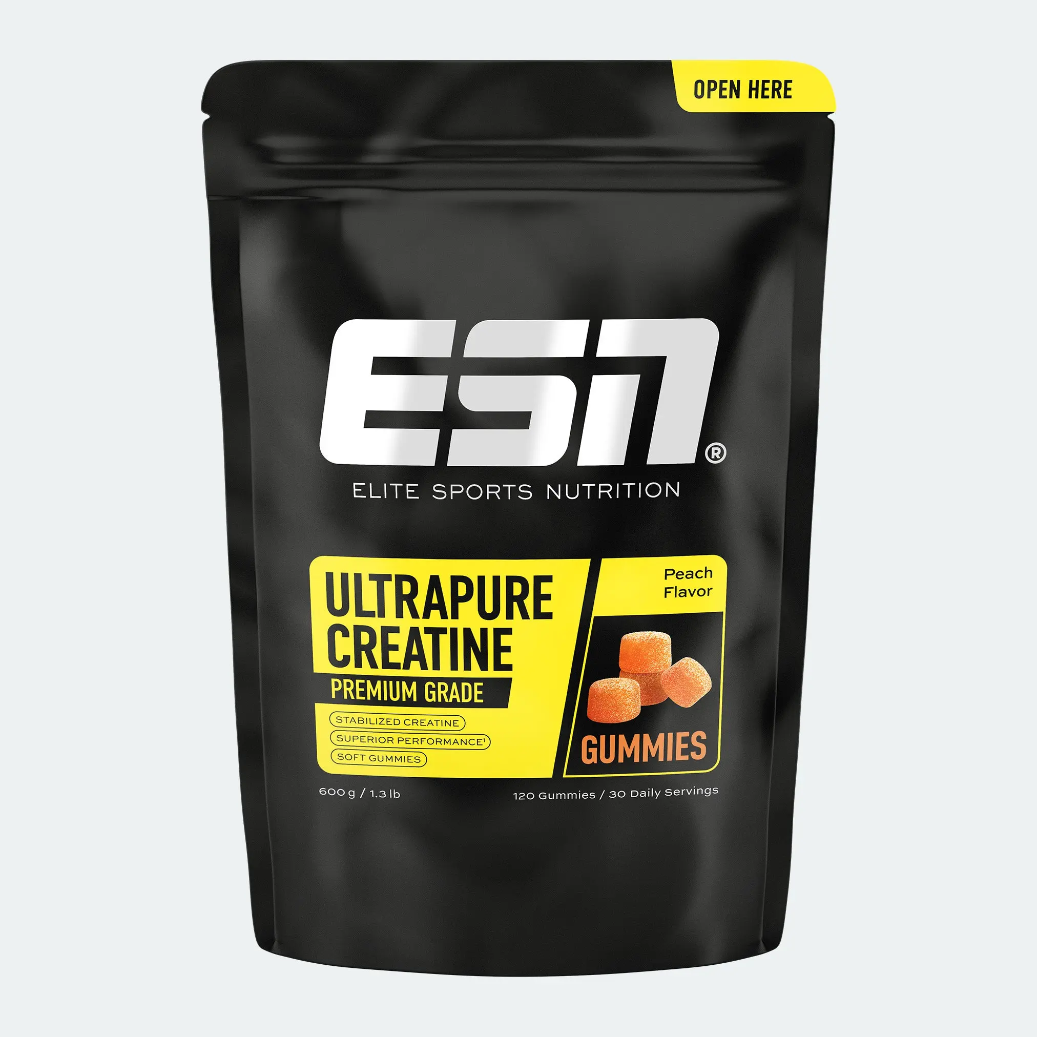 ESN Creatine Gummies Peach im 600-Gramm-Beutel mit 120 Gummies; Herstellerbild