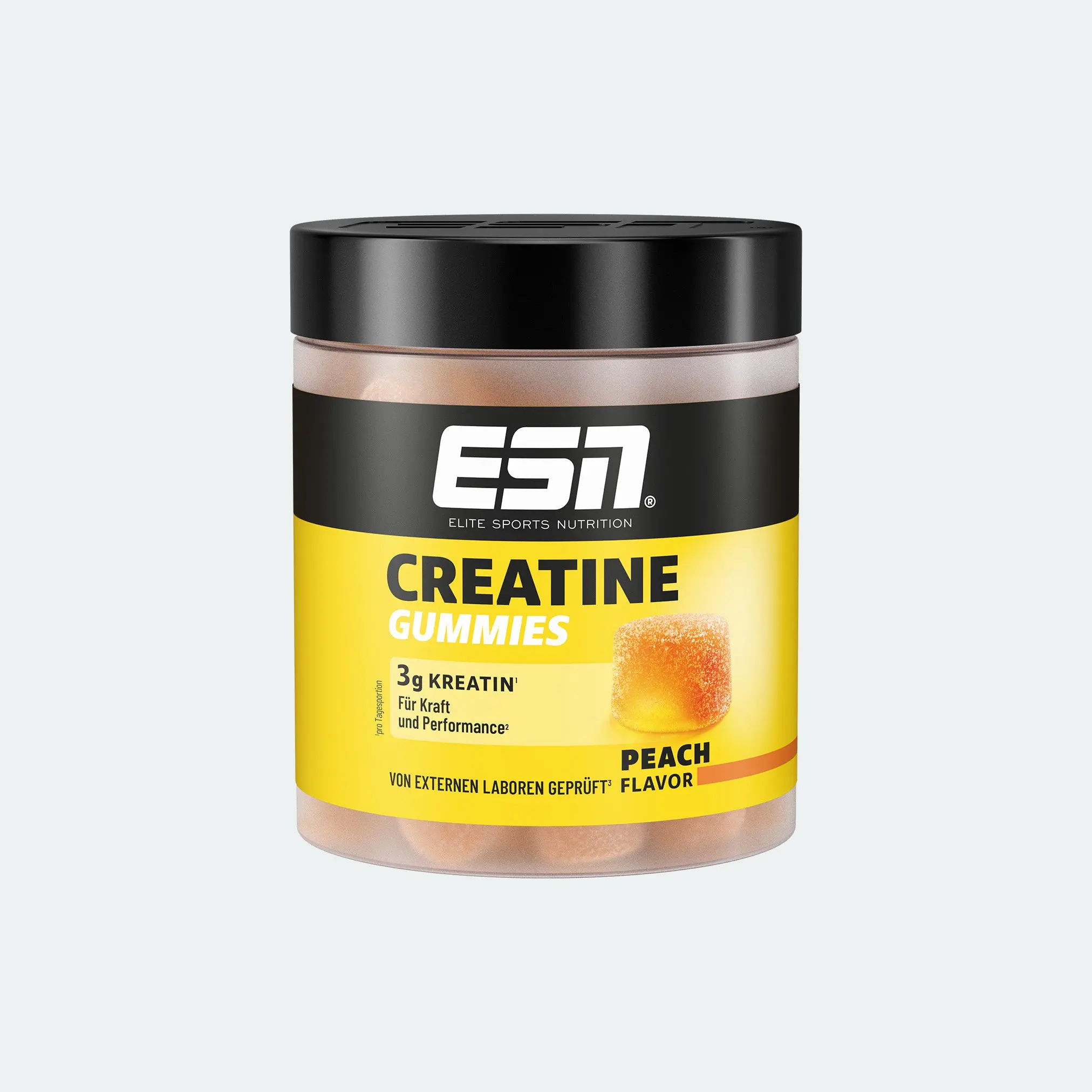 Aktuelle ESN Creatine Gummies Peach in der Dose mit 80 Gummies; Herstellerbild
