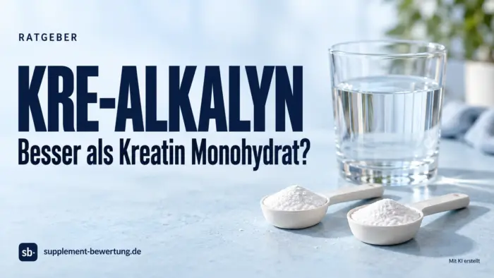 Kre-Alkalyn und Kreatin Monohydrat im Vergleich: Pulver, Messlöffel und Wasserglas