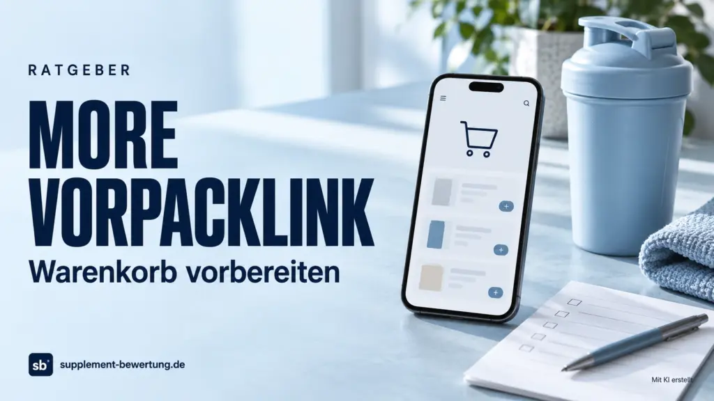 More Vorpacklink: Smartphone mit Warenkorbsymbol, Shaker und Checkliste auf hellblauem Hintergrund