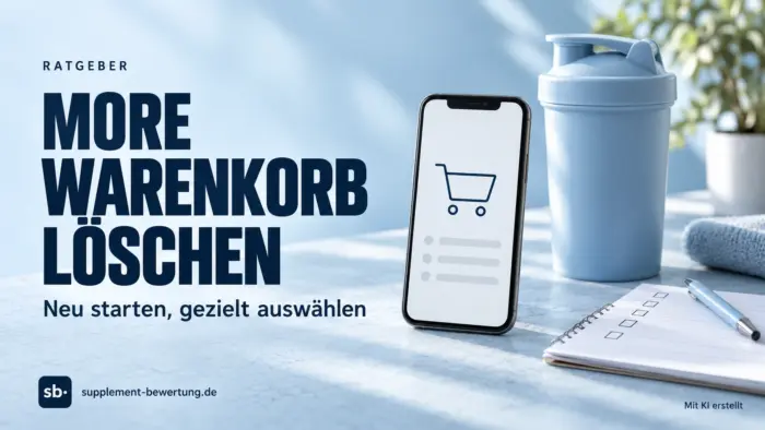 More Warenkorb löschen: Smartphone mit leerem Warenkorbsymbol, neutraler Shaker und Einkaufsliste auf hellblauem Hintergrund