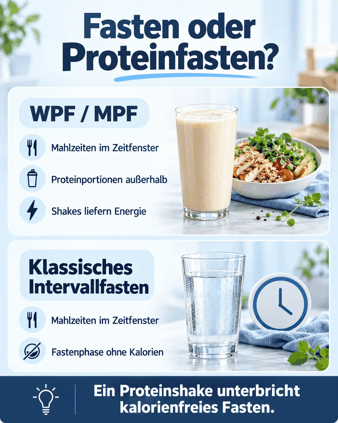 WPF und MPF sehen energieliefernde Proteinportionen außerhalb des Mahlzeitenfensters vor; klassisches Intervallfasten hat eine kalorienfreie Fastenphase