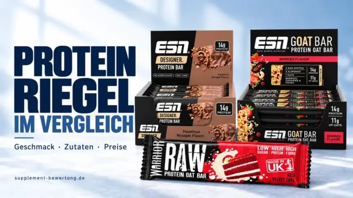 Proteinriegel im Vergleich: ESN Designer Bar, ESN GOAT Bar Berries und Warrior RAW Red Velvet Cake auf der gemeinsamen Vergleichsvorlage.