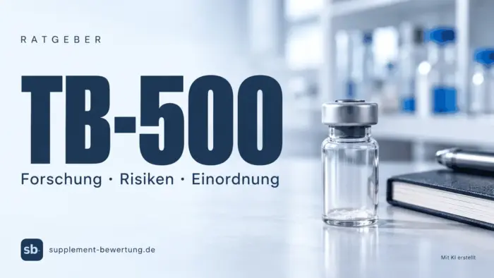 KI-Symbolbild mit neutralem Laborfläschchen und Notizbuch zum Forschungsstoff TB-500