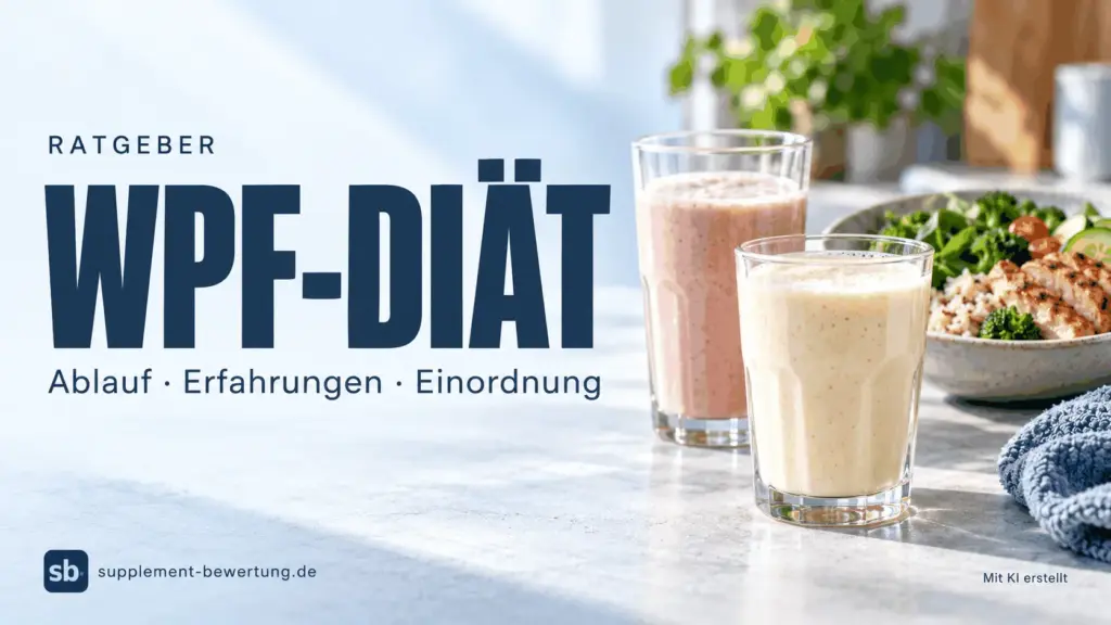 KI-Symbolbild mit zwei Getränken und einer Mahlzeit neben dem Titel WPF-Diät
