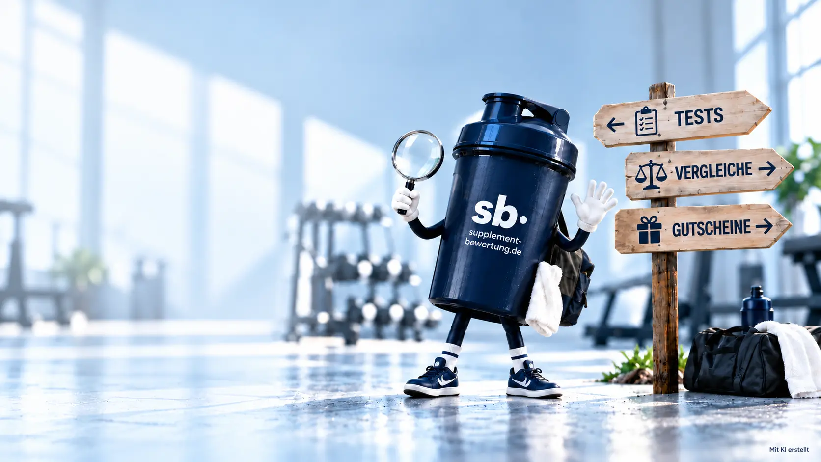 Dunkelblaues Shaker-Maskottchen mit scharfem weißen sb-Logo, Lupe und Wegweisern zu Tests, Vergleichen und Gutscheinen.