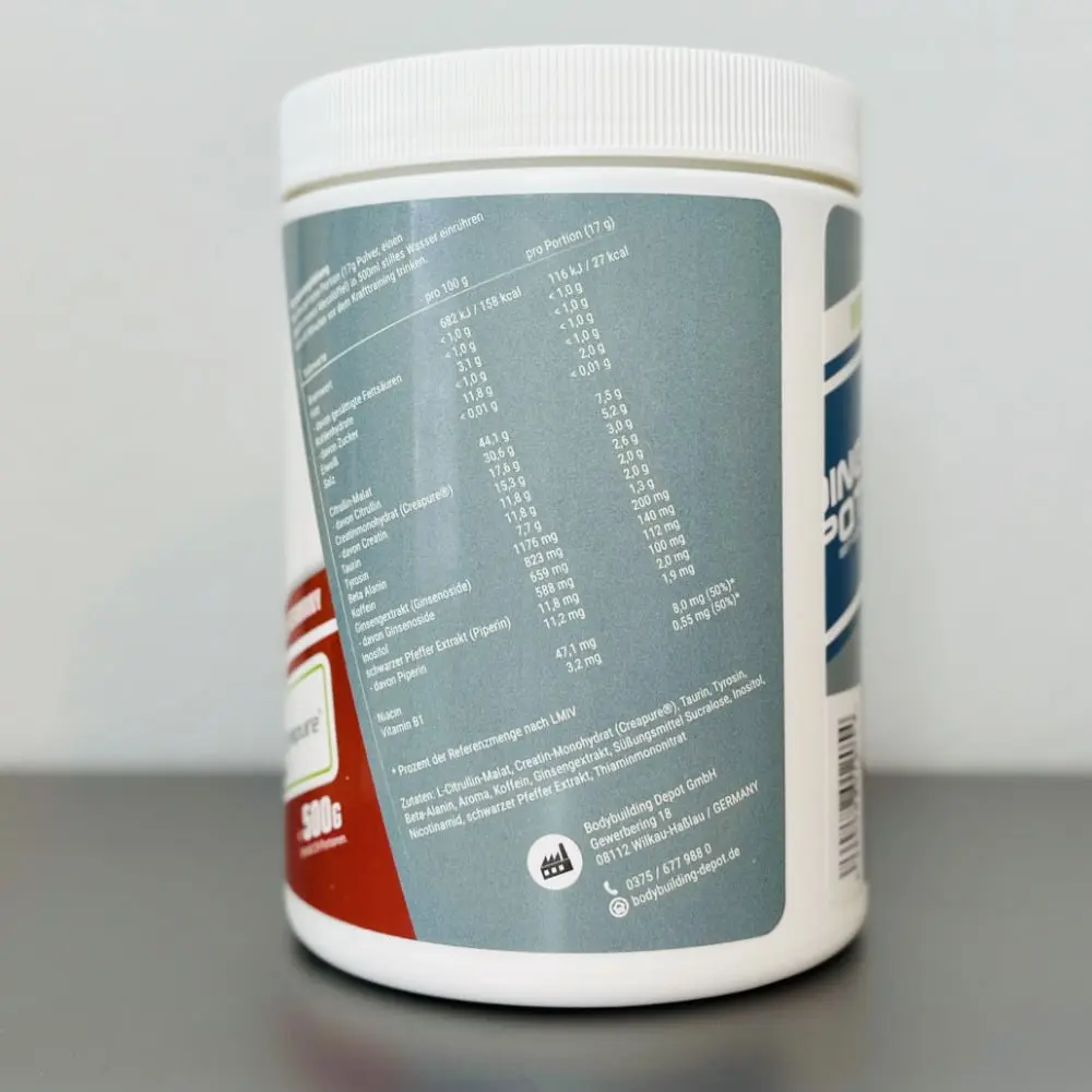 Rückseite unserer SYNforce-Matrix-Dose mit Inhaltsstoffen und Portionsmengen