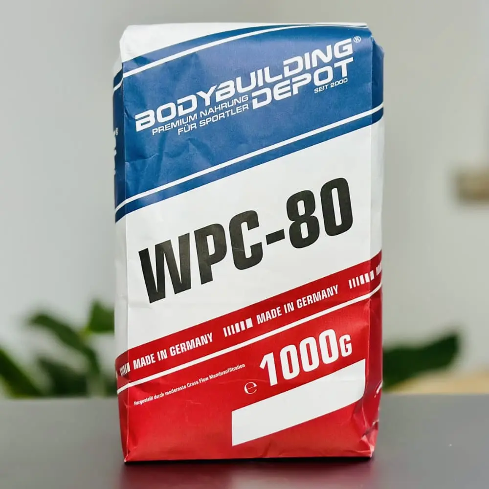 Vorderseite unseres früheren WPC-80-Papierbeutels von Bodybuilding Depot