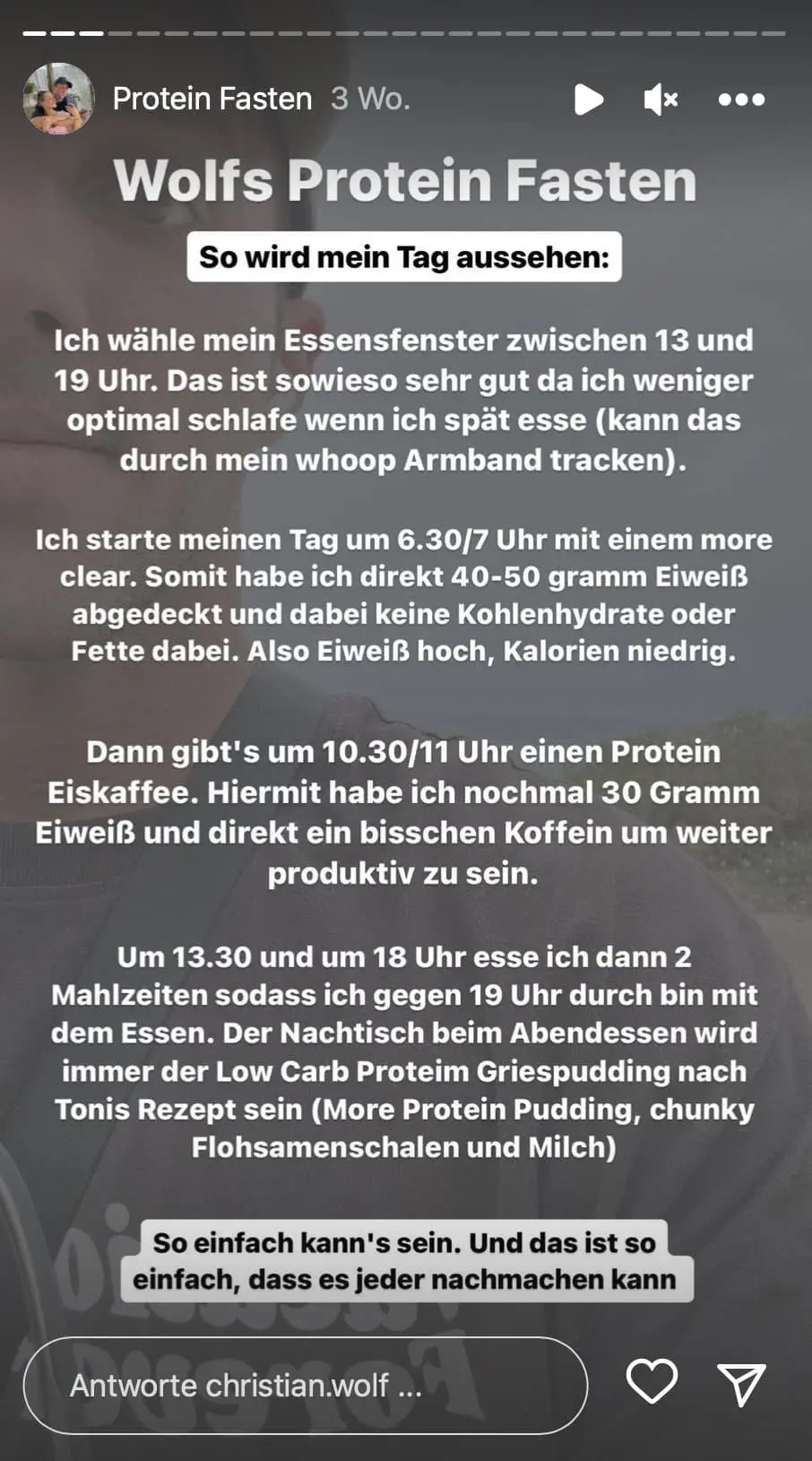 Historischer Instagram-Screenshot mit Christian Wolfs damaligem Tagesablauf beim Proteinfasten