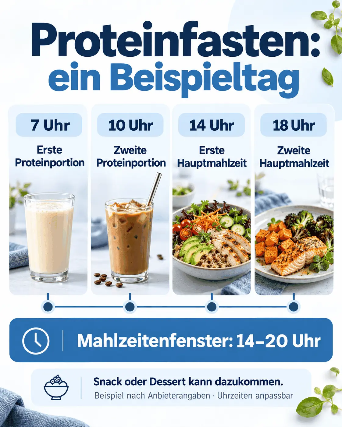 Beispieltag mit Proteinportionen um 7 und 10 Uhr, Hauptmahlzeiten um 14 und 18 Uhr und einem Mahlzeitenfenster von 14 bis 20 Uhr